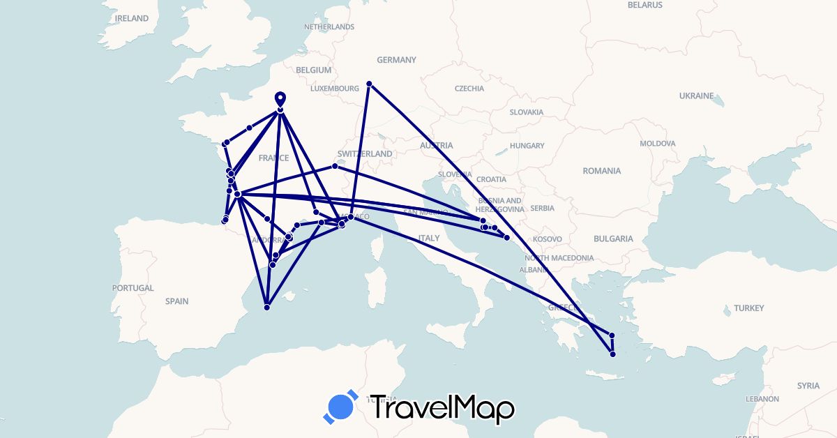 TravelMap itinerary: driving in Switzerland, Germany, Spain, France, Greece, Croatia (Europe)